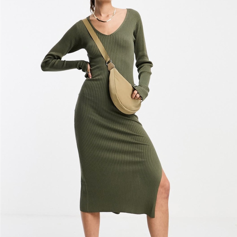 ASOS Design long sleeve Olive Green Ribbed Knit Dress